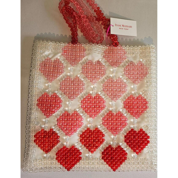 NEW ISAAC MIZRAHI PINK RED HEART GLASS BEAD TOTE PURSE GIRLY COQUETTE PREPPY BAG - Picture 5 of 5